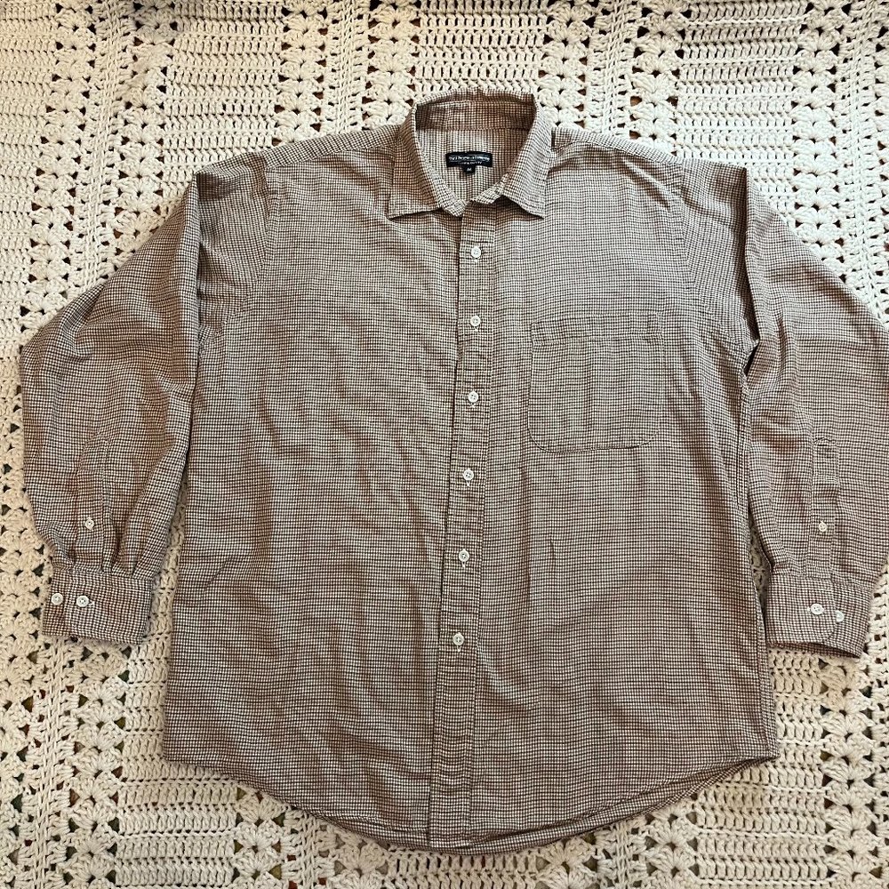 The J. Peterman Company Olive, Burnt Orange, & Ivory Gingham Check Shirt Sz Med